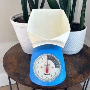 Vintage Salter Duet Blue and White Kitchen Scale Metal base Plastic Basket